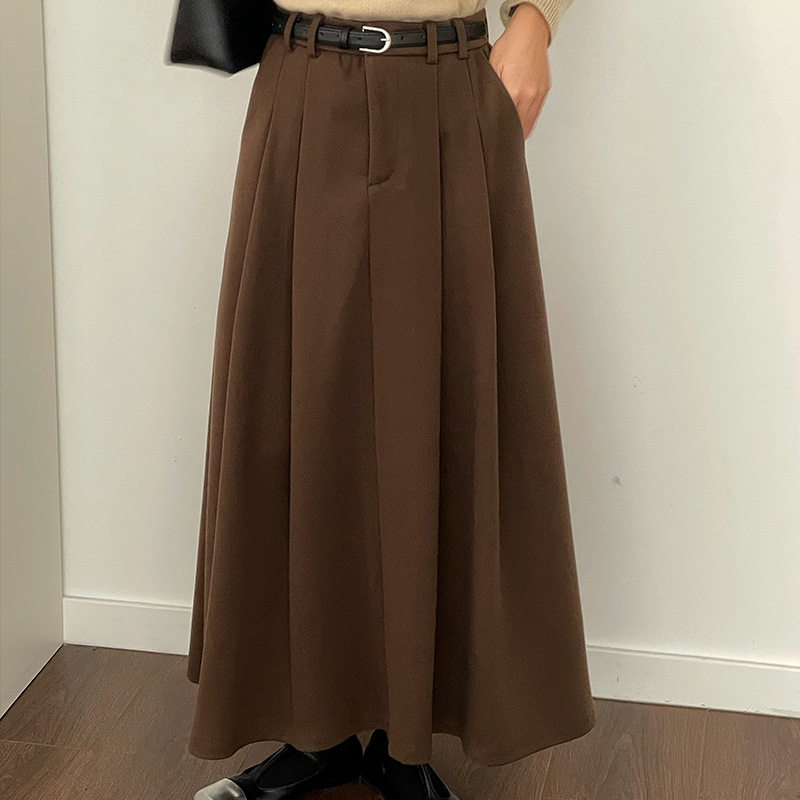 翡格依GN高个子毛呢半身裙女冬高腰百褶裙通勤半身裙伞裙送腰带