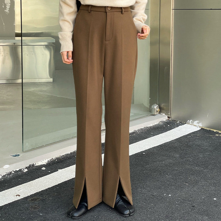 翡格依GN高个子加绒加厚裤子女冬垂感毛呢微喇裤显瘦开叉长裤