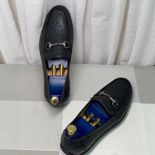 真鸵鸟皮鞋撤柜清仓41真皮马衔扣豆豆鞋男一脚蹬休闲百搭黑色男鞋