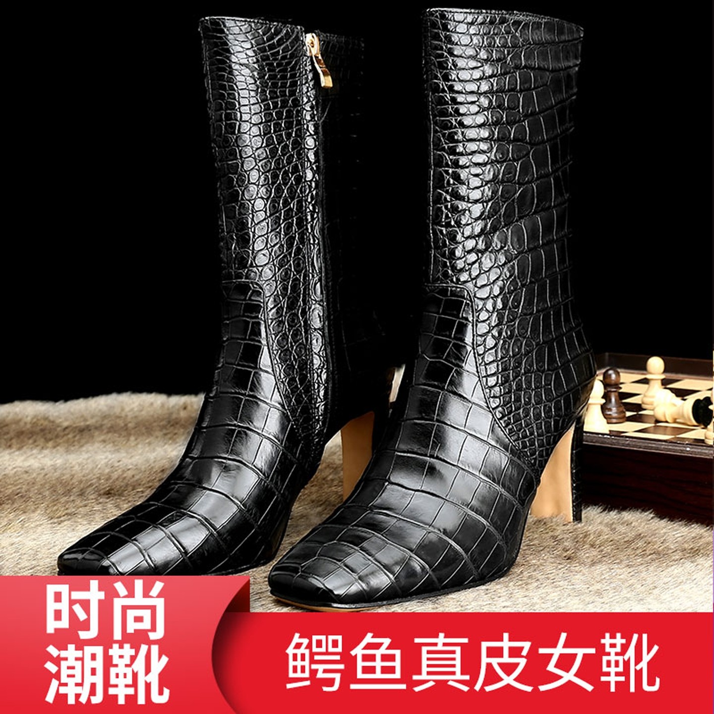 进口鳄鱼皮女靴细跟不过膝高筒靴子秋冬2025新款高跟长筒靴鞋女款