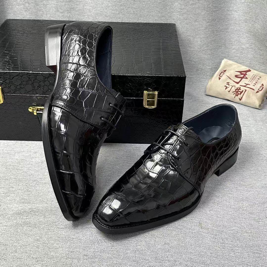thumbnail for Authentic real crocodile leather shoes 2025 European and American fashion British small square toe men wedding groom leather men's shoes