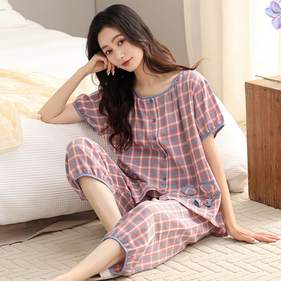 100%纯棉睡衣女夏季短袖七分裤夏天女款妈妈薄款加大码家居服套装