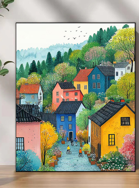 diy数字油画七彩小镇风景手工治愈系解压涂色填充油彩填色装饰画