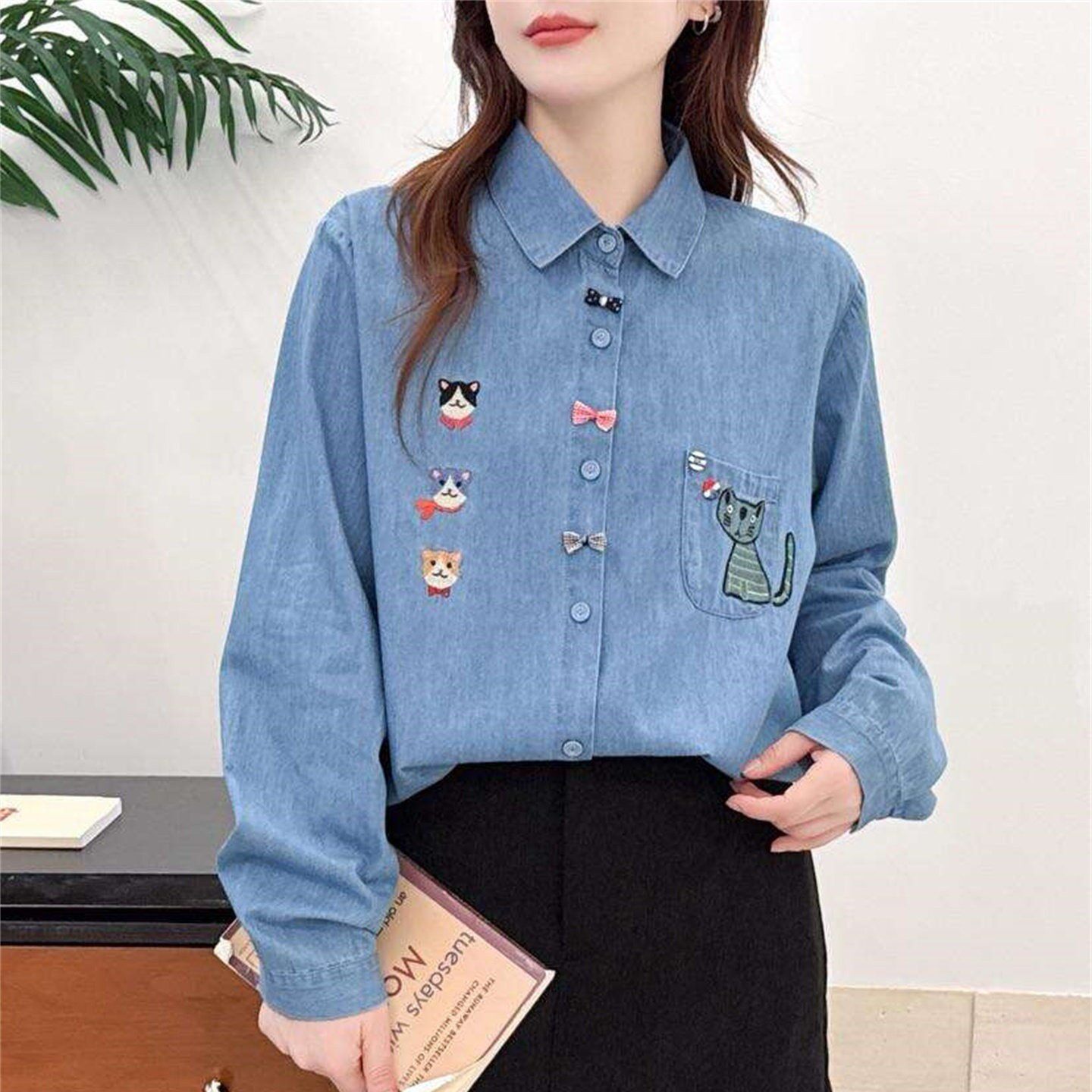 日系卡通猫咪刺绣牛仔衬衫女长袖春季新款翻领宽松显瘦减龄上衣潮