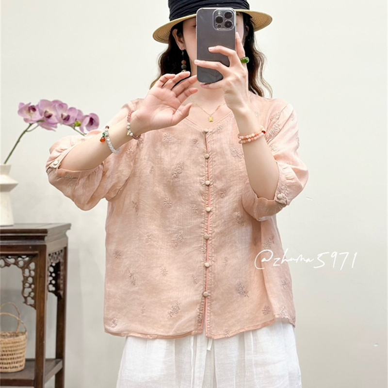 复古文艺苎麻刺绣衬衫女夏季新款