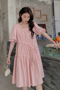 新款洋气减龄宽松显瘦短袖方领A字裙中长款B190-82327-P125-K178图片