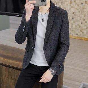 英伦春季 外套百搭时尚 西服帅气男士 潮流休闲西装 韩版 格子青年修身
