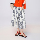 定制女装 民族风蓝白绣花裙棉天丝混纺高腰A字印花工艺0609