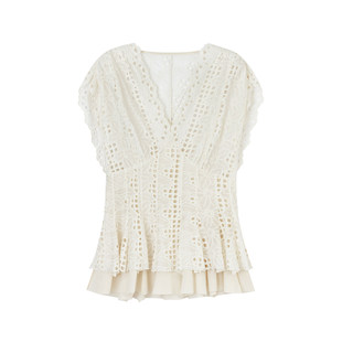 定制女装 镂空刺绣上衣莱赛尔苎麻混纺V领收腰法式田园风0580