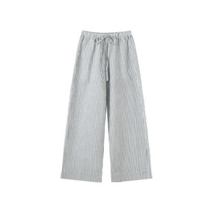 定制女装 法式条纹阔腿裤棉麻混纺高腰松紧腰撞色度假风0615