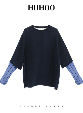 定制女装 铜氨条纹拼接衬衫女圆领长袖港风1260