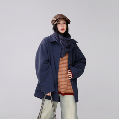 定制女装 绵羊毛亚麻棉复古翻领做旧时尚显瘦外套0964