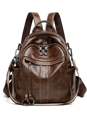 廿下油蜡皮复古双肩包女百搭多用背包街头潮流休闲旅行包学院书包