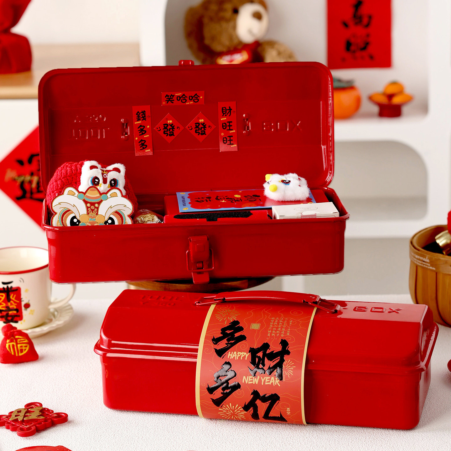 新年铁盒大号手提长方形饼干糖果零食盒子空包装收纳礼品物红2026