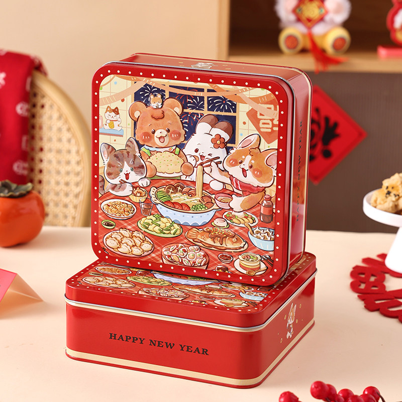 新年铁盒马口铁方形饼干糖果零食盒子空包装礼盒收纳礼品物红2026