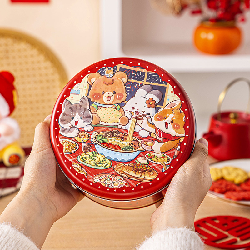 新年铁盒马口铁圆形饼干糖果零食盒子空包装礼盒收纳礼品物红2026