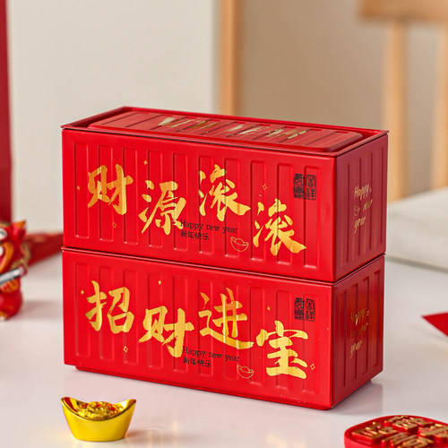 新年铁盒马口铁长方形饼干糖果零食盒子空包装礼收纳礼品物红2026