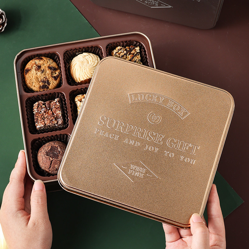 饼干盒曲奇包装铁盒空方形罐子糖果雪花酥马口点心烘焙金九格新年