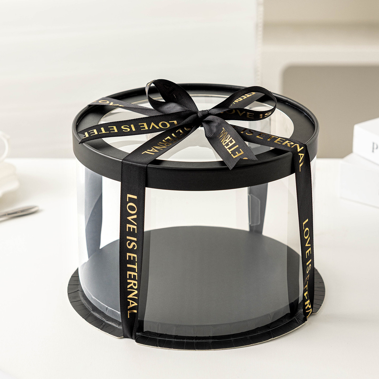 黑色圆形蛋糕盒包装空盒子6寸4六四八8透明生日巴斯克加高三八节