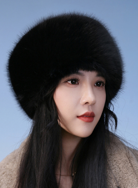 环保仿皮草帽子狐狸毛平顶帽加厚毛毛保暖护耳圆顶风雪蒙古帽冬季
