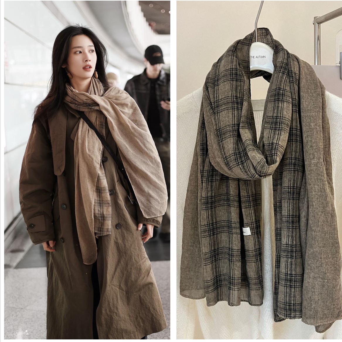 格子拼接纯色棉麻围巾女秋冬披肩