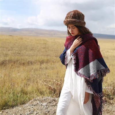 秋冬撞色民族风女几何菱形巾