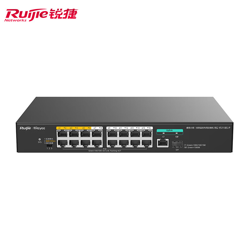 Ruijie锐捷睿易16口POE交换机RG-YS118S-P 16口百兆POE供电+千兆电口光口上联PoE功率120W满载16台400W摄像头图片