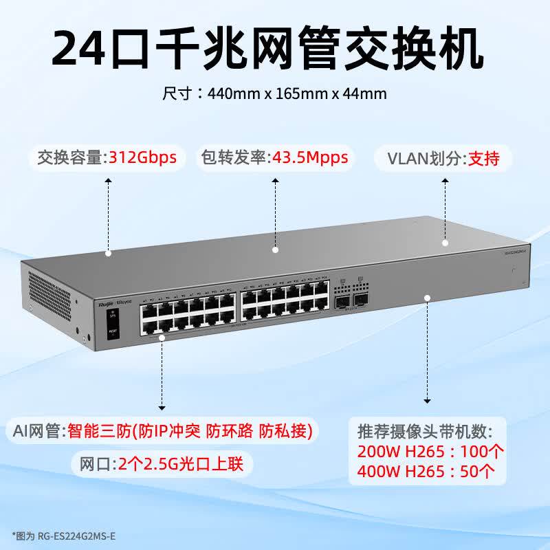 Ruijie锐捷睿易26口交换机RG-ES224G2MS-E 24口千兆电口+2口2.5G光SFP口 AI云网管型网络集线器 VLAN划分智能