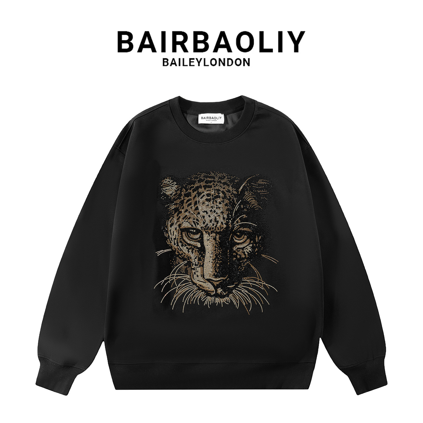 BAIRBAOLIY秋冬新款男装卫衣重工艺烫钻豹子潮流轻奢时尚帅气长袖