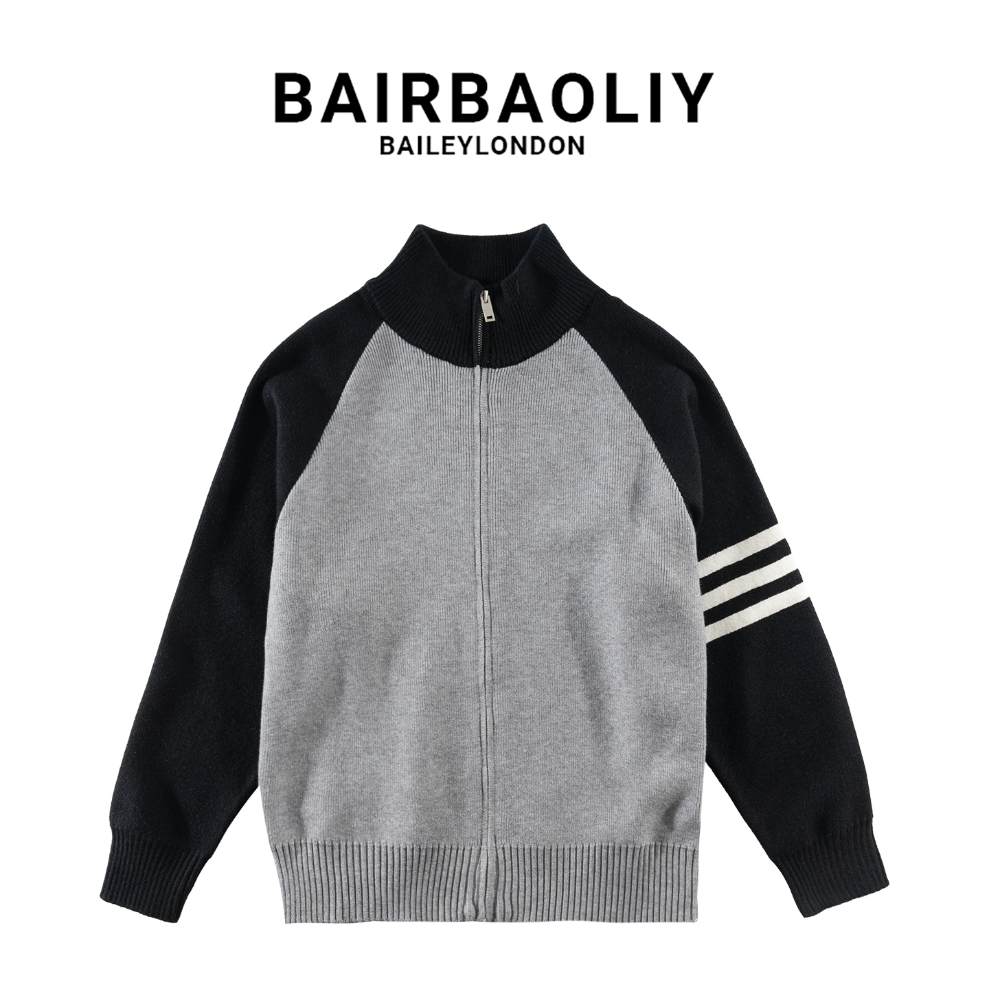 BAIRBAOLIY高品质拉链开衫毛衣条纹拼接撞色立领男士潮牌秋冬外套