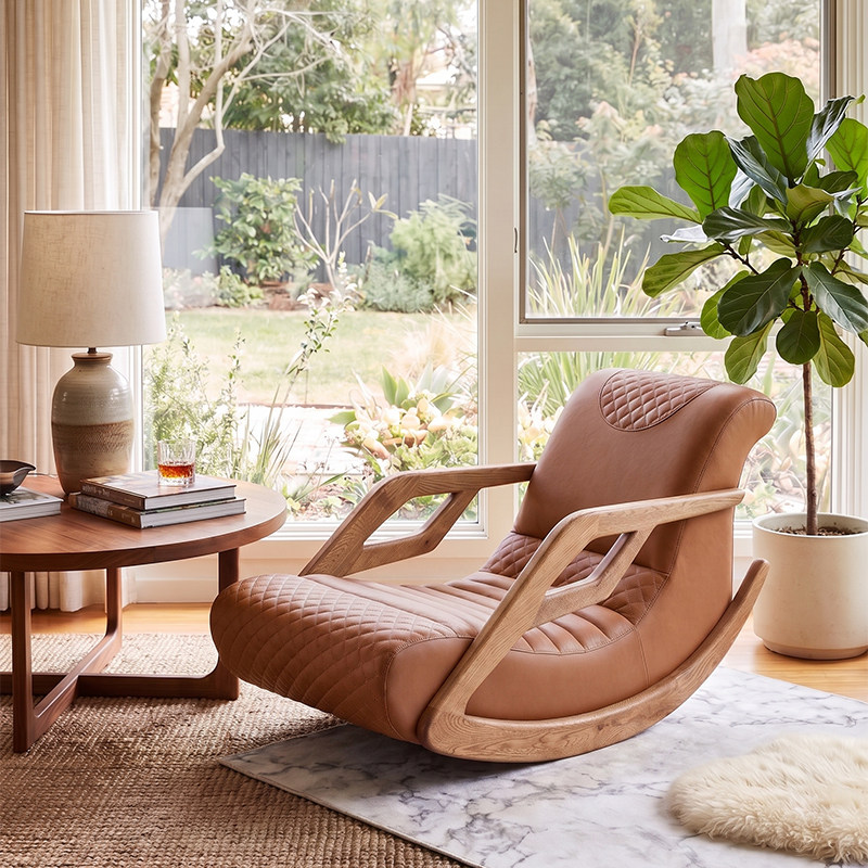 实木沙发椅生态真皮单人摇摇椅沙发现客厅简约休闲椅轻奢设计师款