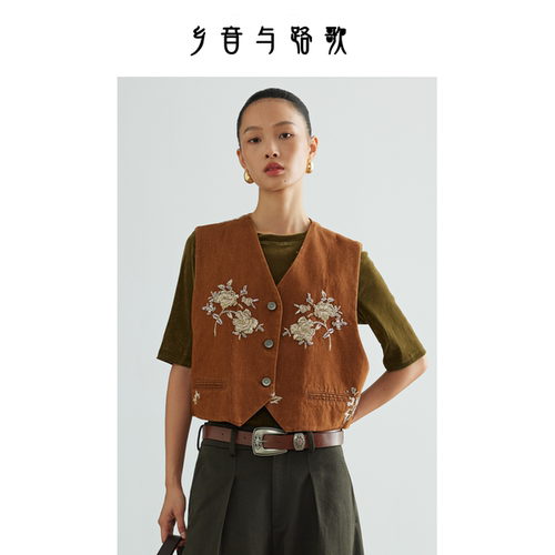 复古刺绣花V领棉麻马甲女文艺