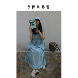 乡音与路歌 日系复古蓝色连衣裙女夏收腰显瘦长裙松弛感文艺穿搭