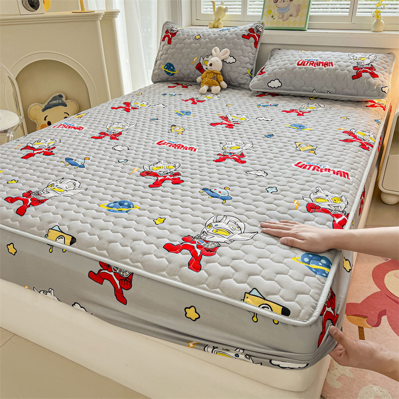 新款A类正版授权卡通奥特曼印花水洗棉夹棉床笠三件套儿童床罩套