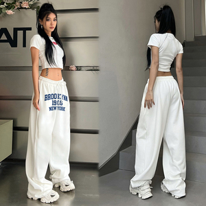 跨境高腰抽绳宽松欧美辣妹风跳舞hiphop运动裤男女102B-K969P40,白色发夹搭配什么长裙好看图片