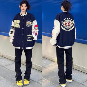 棒球服外套男秋冬美式撞色拼接潮情侣飞行员夹克102B2-JK5056P75图片