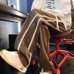 侧边三杠条纹运动卫裤男休闲直筒阔腿拖地宽松长裤102B-K9628P50,知到服装色彩搭配第三章答案2019图片