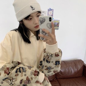 常年大货直播韩版复古满印小熊外套情侣可穿潮102B-W362P55图片