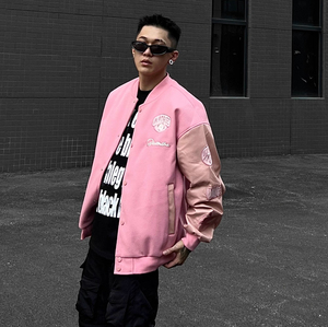 独特粉色刺绣皮袖拼接毛呢棒球服男2024秋季外套102B-JK8134P88,女装职业装,星座102B-2