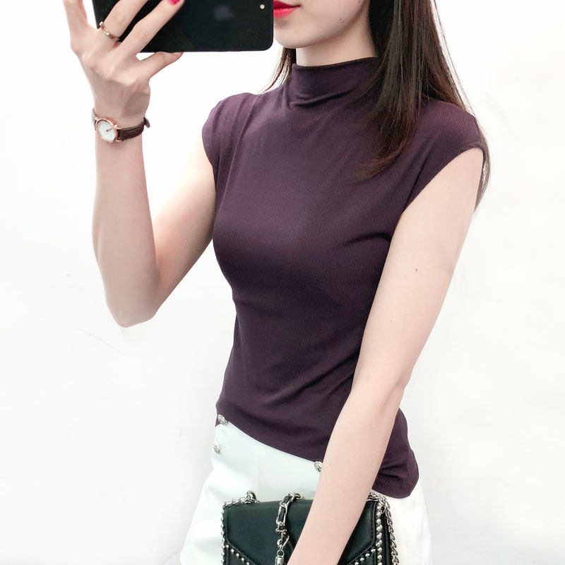 半高领无袖t恤女夏季内搭打底衫螺纹莫代尔薄款修身短袖上衣外穿