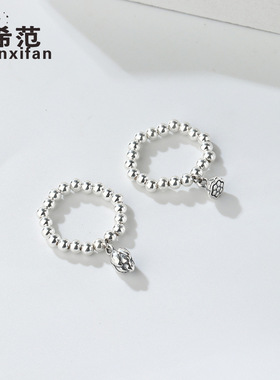 两世欢戒指925纯银INS莲子莲蓬圆珠串珠女戒指个性弹力线指环现货