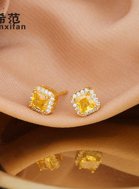 s925纯银小方糖耳钉女黄水晶钻小众设计感ins风耳环18k小红书爆款