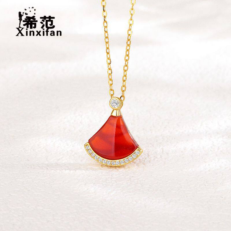 s925纯银小扇子项链女生2025年新款扇形红玛瑙吊坠高版本轻奢风