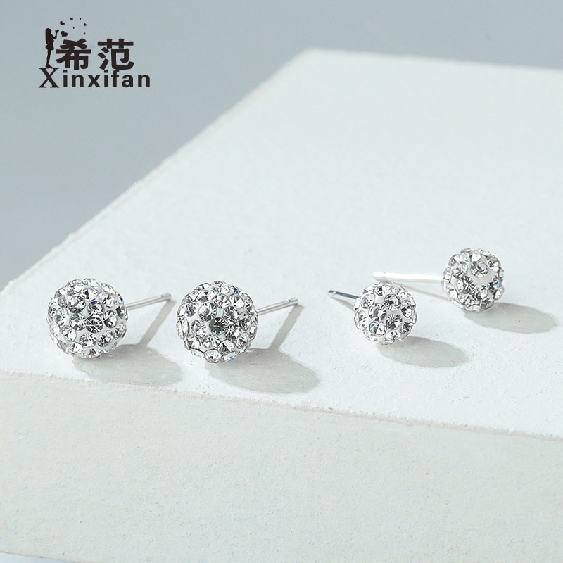 s925纯银香巴拉球耳钉女满水钻闪亮精致韩版时尚气质显档次银配饰