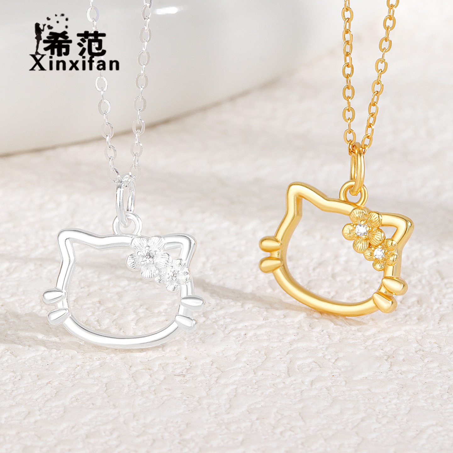 S925纯银小花猫项链女韩版简约KT猫可爱锁骨链时尚银饰学生送礼物
