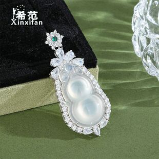s925纯银新款天然高冰玉髓葫芦吊坠民族风女生冰种玉髓挂件银镶玉