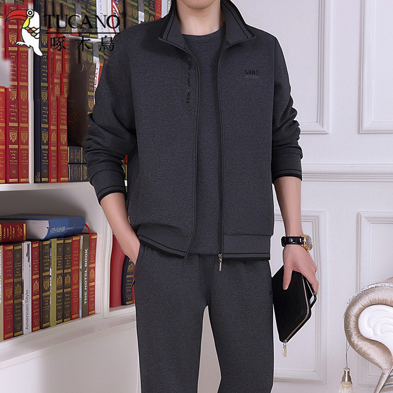 啄木鸟中老年运动套装男士春秋季纯棉大码外套爸爸装休闲服两件套