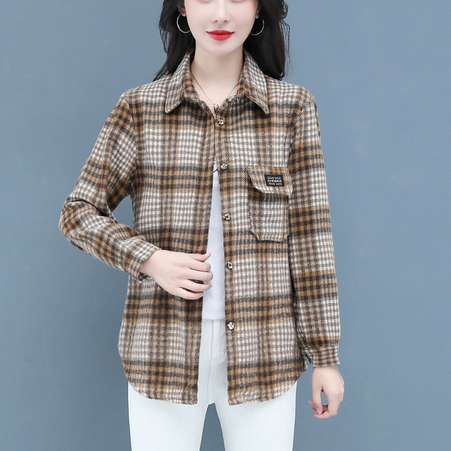格子磨毛衬衫外套女2026年春秋季新品韩版宽松棉质百搭显瘦衬衣潮