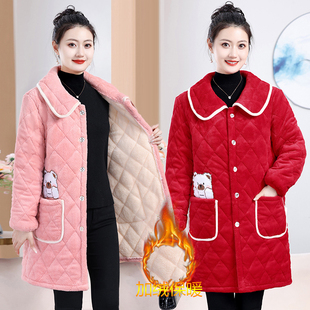 棉衣棉服棉袄家居服外套 罩衣女中年妈妈装 加绒加厚中长款 翻领大码