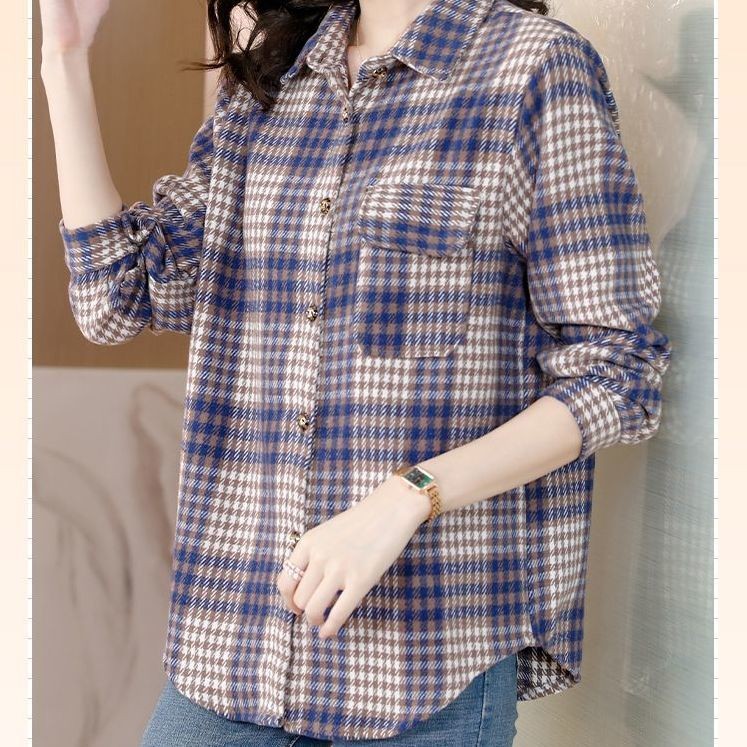 小个子磨毛格子加厚衬衫女秋冬高档港味复古加厚宽松叠穿外套上衣